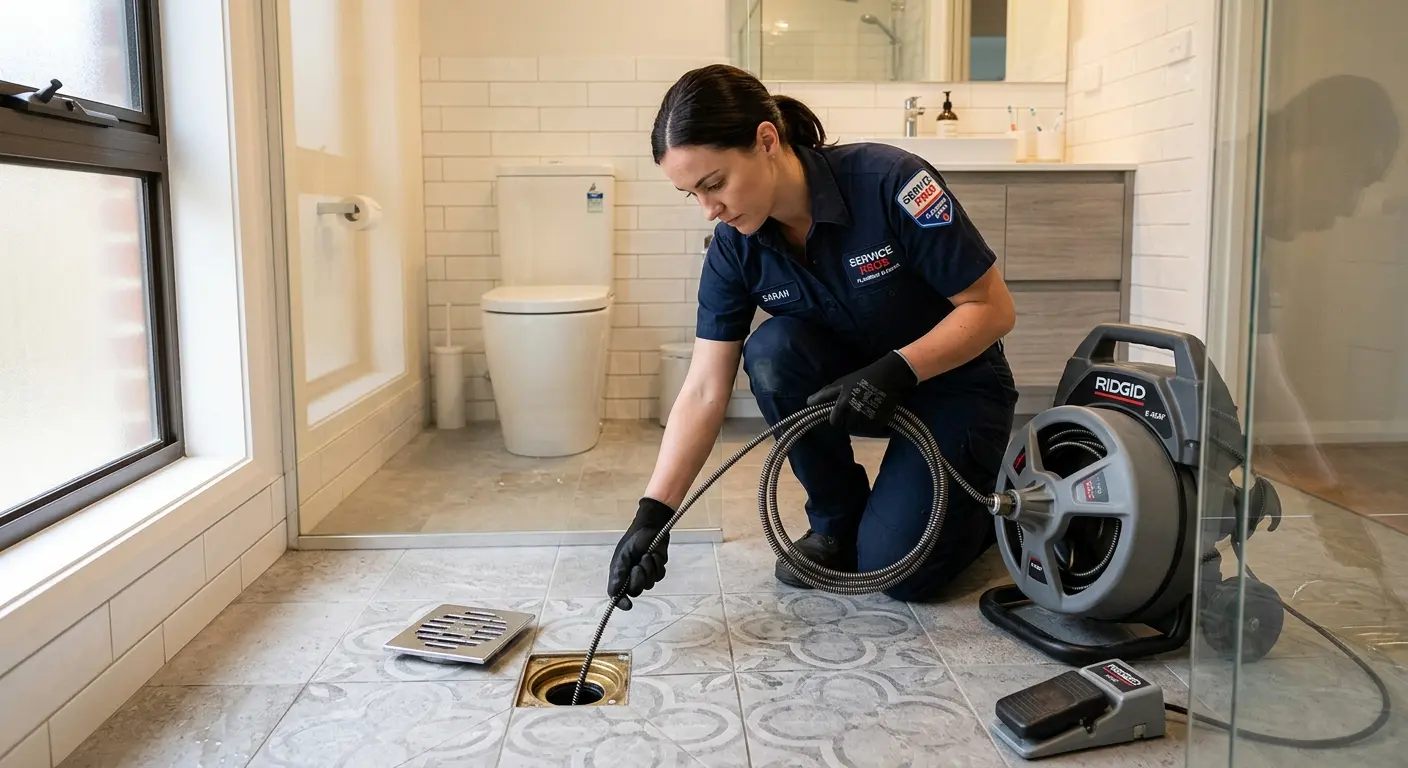 Technician clearing a bathroom floor drain for Sewer Line Replacement in Springfield